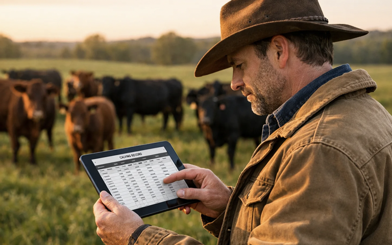 Farmer Reviewing Excel Spreadsheet on Tablet with Cattle in Background