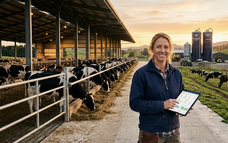 Farmer Using Tablet for Tax Planning Near Cattle Farm at Sunset