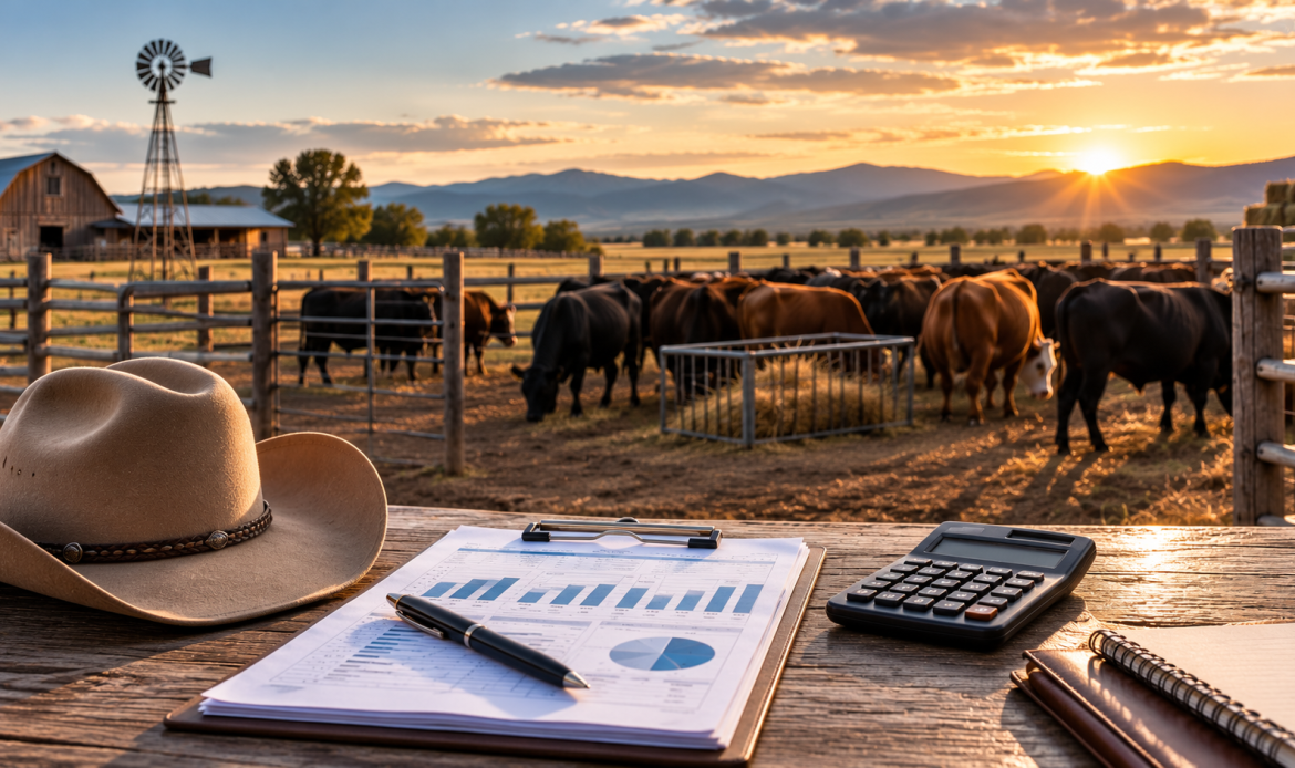 Scenic Ranch at Sunset with Cattle and Tax Planning Documents