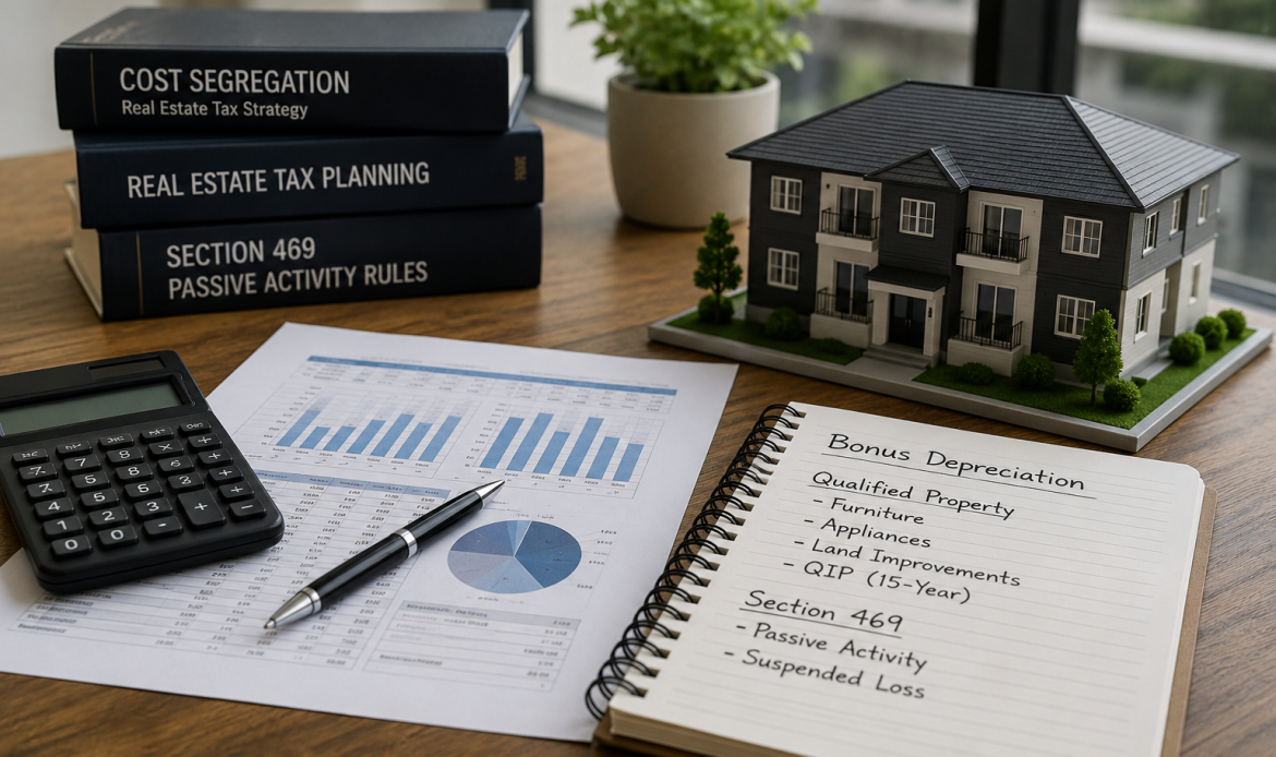 Calculator and Notebook with Bonus Depreciation Notes on Office Desk
