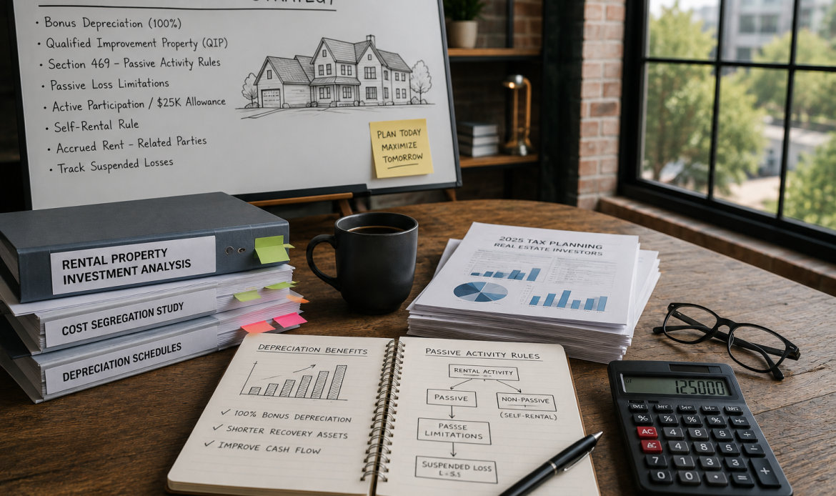 Office Desk with Tax Documents, Calculator, and Business Planning Charts
